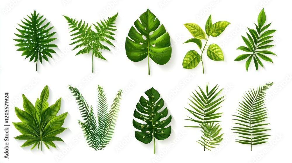 Collection of twelve realistic tropical leaves isolated on white background. Collection of twelve realistic tropical leaves isolated on white background.