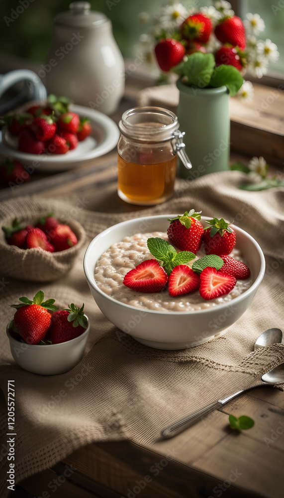 A beautifully styled breakfast scene featuring a bowl of oats topped with fresh strawberries and honey, complemented by a wooden spoon and charming table setting. A beautifully styled breakfast scene featuring a bowl of oats topped with fresh strawberries and honey, complemented by a wooden spoon and charming table setting.