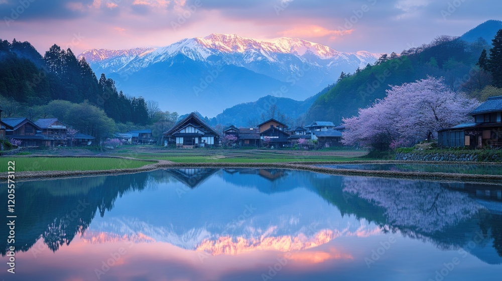 Fototapeta premium countryside of Japan at Mount Fuji area with traditional japanese Shirakawa-go house style and blooming cherry blossom.