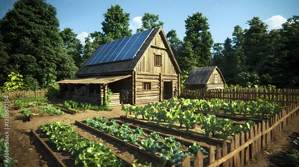 A picturesque log cabin, equipped with solar panels, nestled in a lush garden. Embraces sustainable living Green Energy eco friendly home with solar panel surroneded A picturesque log cabin, equipped with solar panels, nestled in a lush garden. Embraces sustainable living Green Energy eco friendly home with solar panel surroneded