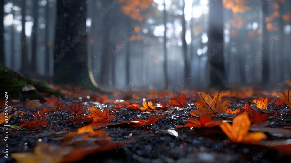 Orange and red leaves blanket the ground in a tranquil forest during autumn. Sunlight filters through the trees, highlighting the vivid hues. The atmosphere is peaceful and enchanting Orange and red leaves blanket the ground in a tranquil forest during autumn. Sunlight filters through the trees, highlighting the vivid hues. The atmosphere is peaceful and enchanting
