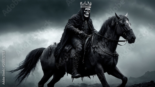 Black Scary Warrior on Black Horse, Horseman of Apocalypse