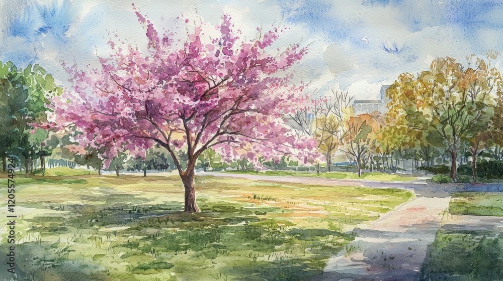Naklejka premium A vibrant cherry tree blooms with pink flowers in a peaceful park. Lush green grass surrounds the tree, with colorful foliage in the background on a mild spring day