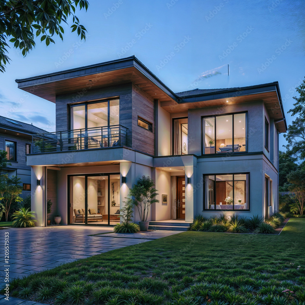 The image depicts a modern, two-story house with a contemporary design, featuring large windows, a balcony, and outdoor lighting. The house is surrounded by a well-maintained garden with a paved drive The image depicts a modern, two-story house with a contemporary design, featuring large windows, a balcony, and outdoor lighting. The house is surrounded by a well-maintained garden with a paved drive