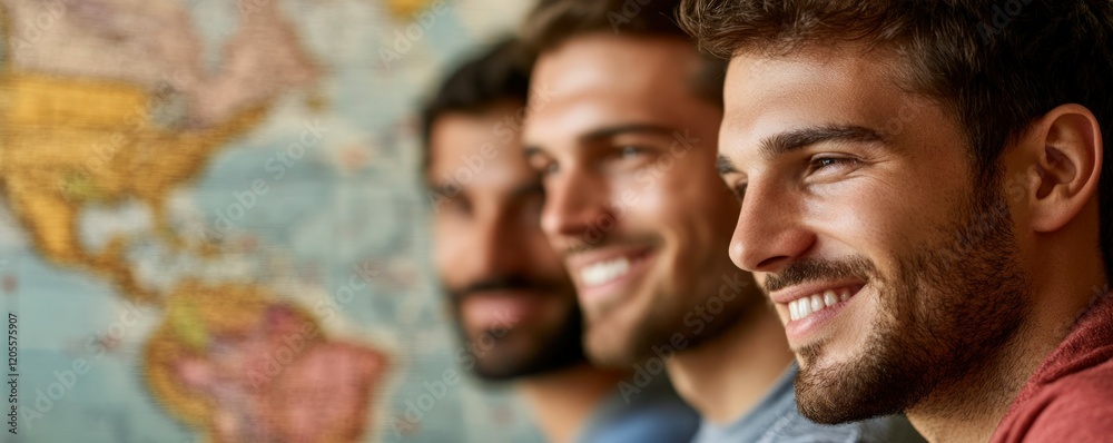 Obraz premium Three smiling men pose in front of a world map, showcasing friendship and exploration.