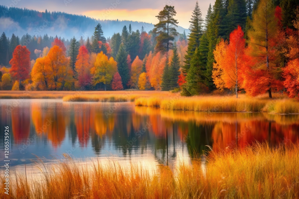 Obraz premium Serene autumnal landscape reflecting vibrant foliage in a tranquil lake, showcasing the beauty of nature's colorful transition