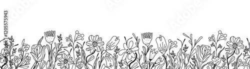 Horizontal modern banner, floral background. tulip, chamomile, leaf, butterfly, elements isolated on white background. Spring botanical illustration with space for text. abstract plant for print