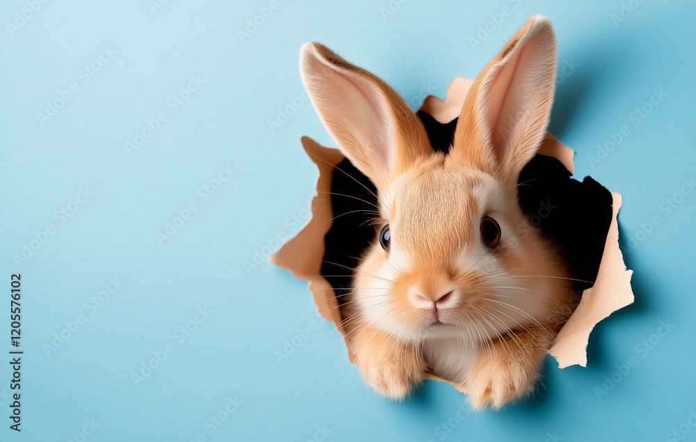 Obraz premium Cute Ginger Rabbit Poking Its Head Through a Torn Hole in a Light Blue Paper Background.
