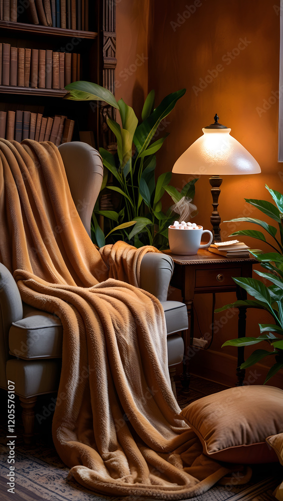 Obraz premium Cozy Reading Corner with Warm Blanket and Hot Chocolate – Relaxation at Home