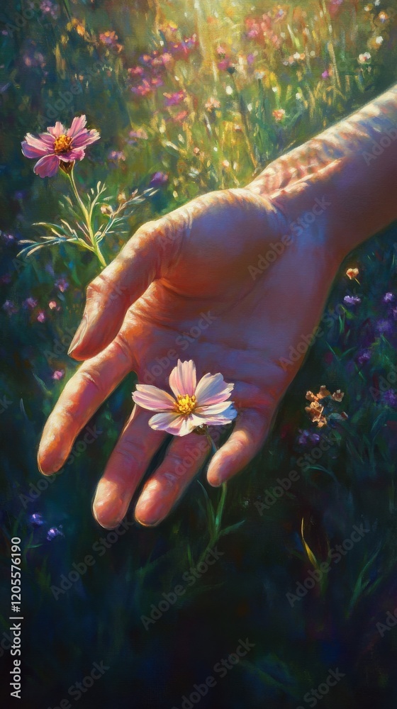 A hand gently holds a delicate flower amidst a vibrant field of wildflowers. A hand gently holds a delicate flower amidst a vibrant field of wildflowers.