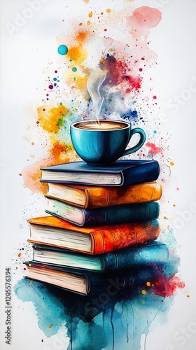 A steaming coffee cup rests atop a stack of books
