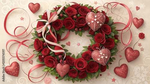 A Valentine’s Day wreath made of roses, ribbons, and heart-shaped ornaments. photo