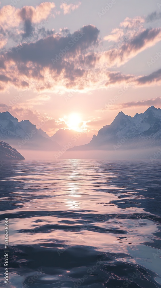 Serene sunset over tranquil waters and majestic mountains. Serene sunset over tranquil waters and majestic mountains.