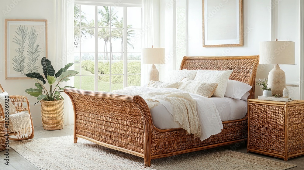Fototapeta premium A bright and airy bedroom featuring a rattan bed frame, wicker storage baskets, and boho-inspired decor. The space is warm and inviting