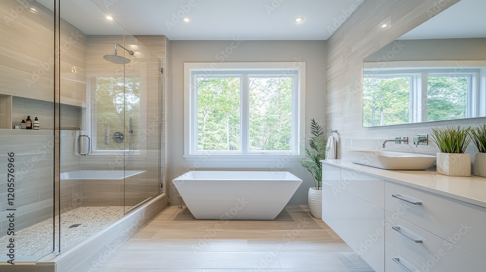 Fototapeta premium A bright and elegant bathroom with a rainfall shower, a sleek freestanding tub by a window, and minimalist white decor. Natural light highlights the design
