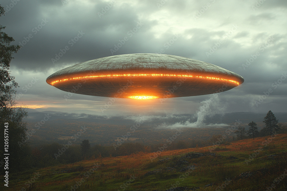 Fototapeta premium Glowing Spaceship Hovering Over Autumnal Landscape