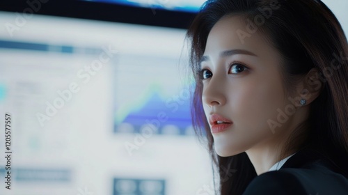 Asian Female leader, woman, business professional, watch financial graph, onscreen, focused expression, office background, business attire, sales data, finance, professional setting, leadership Free Download Asian Female leader, woman, business professional, watch financial graph, onscreen, focused expression, office background, business attire, sales data, finance, professional setting, leadership - GFXLoad