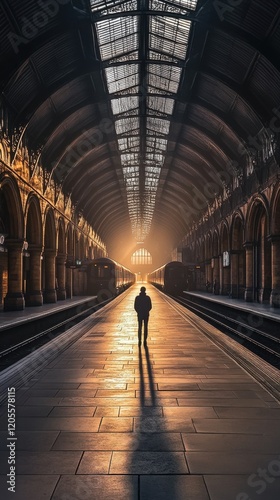 A lone figure stands in a sunlit train station, capturing a moment of serene solitude.