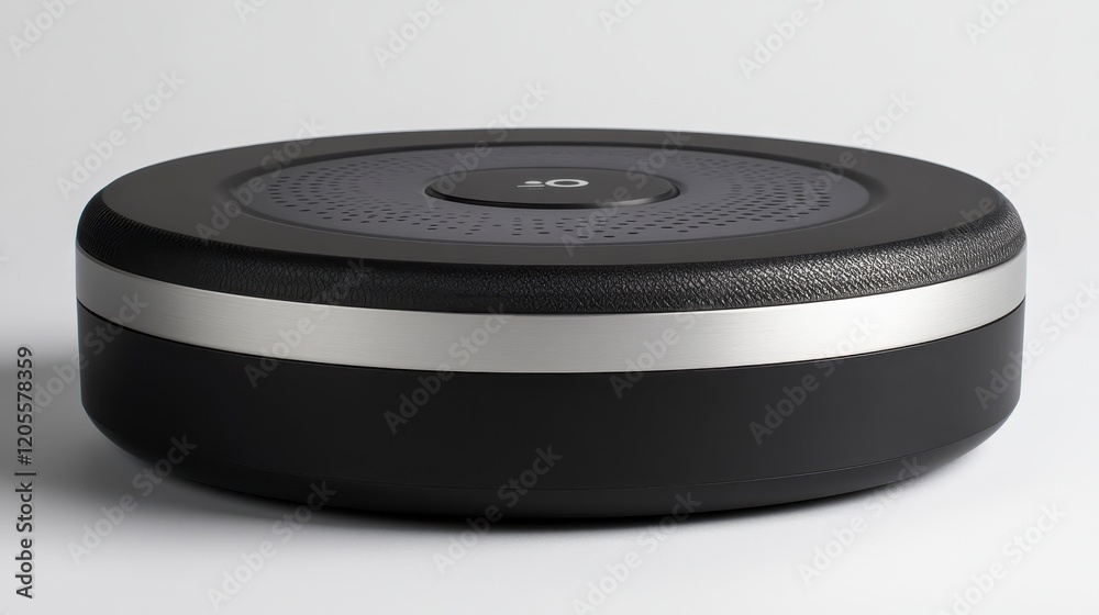 Modern Black and Silver Round Device Smart Home Technology Gadget Air Purifier or Speaker Modern Black and Silver Round Device Smart Home Technology Gadget Air Purifier or Speaker