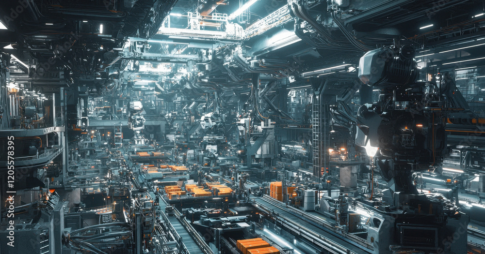 In a vast manufacturing facility, advanced robots and machinery work seamlessly on assembly lines, with illuminated pathways and organized workstations visible throughout the space In a vast manufacturing facility, advanced robots and machinery work seamlessly on assembly lines, with illuminated pathways and organized workstations visible throughout the space