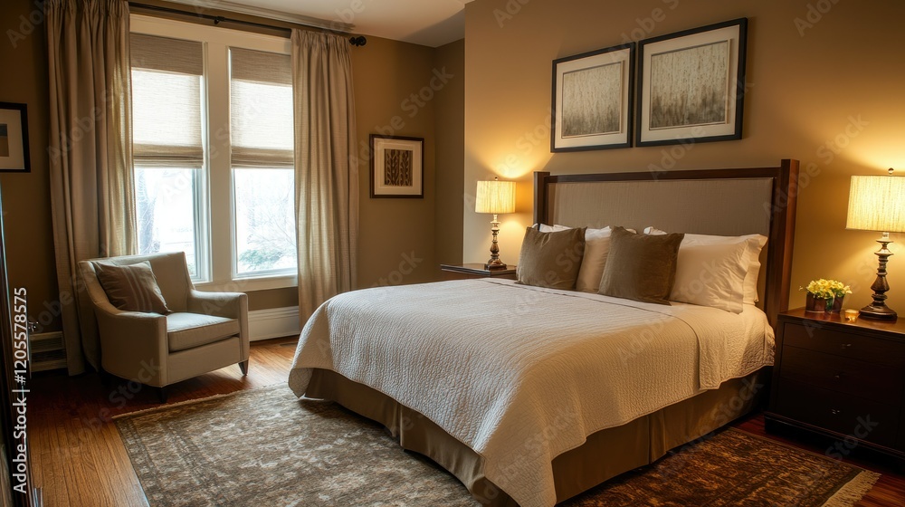 Fototapeta premium A cozy bedroom in a boutique hotel featuring neutral tones, soft lighting, and modern furniture. Stylish accents add a touch of sophistication