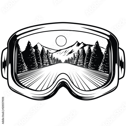 Ski goggles with mountain landscape drawing illustration. Ski Snowboard glasses mountains landscape