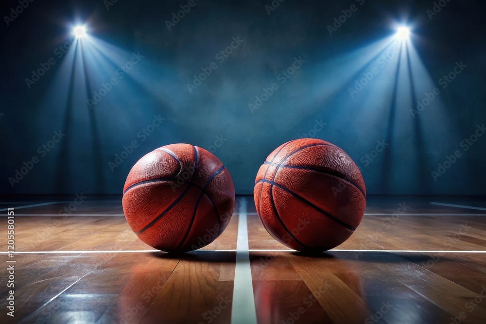 Two basketballs on a polished hardwood court under dramatic stadium lighting, ready for the game to begin Two basketballs on a polished hardwood court under dramatic stadium lighting, ready for the game to begin