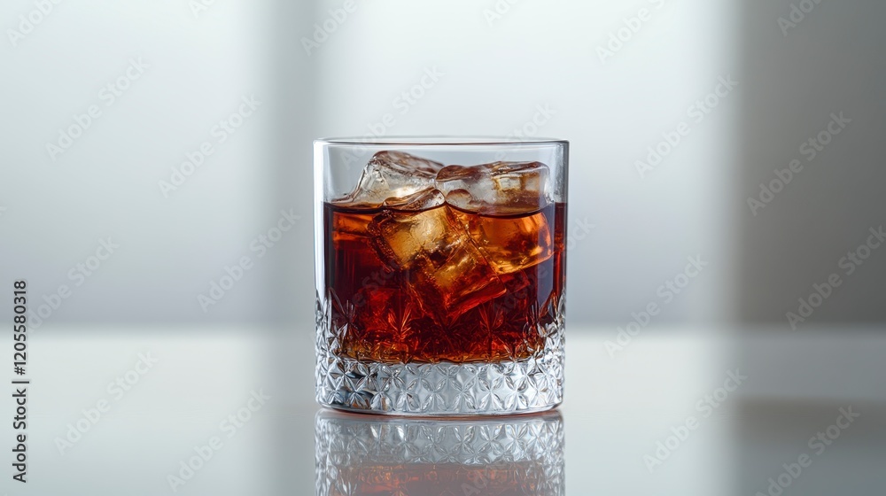 Refreshing Dark Beverage with Ice Cubes in an Ornate Glass on a Reflective Surface Refreshing Dark Beverage with Ice Cubes in an Ornate Glass on a Reflective Surface