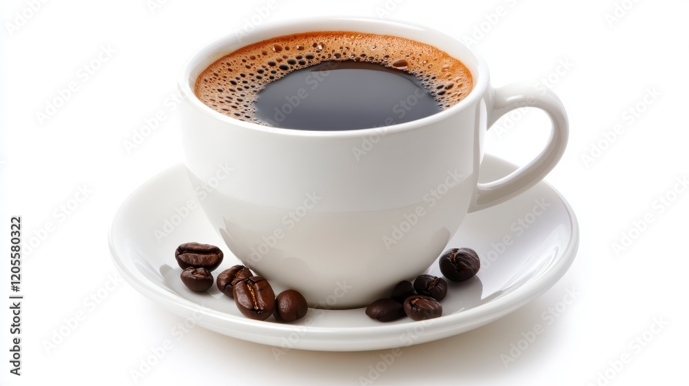 Aromatic Black Coffee in White Cup with Roasted Beans Fresh Brewed Morning Beverage Aromatic Black Coffee in White Cup with Roasted Beans Fresh Brewed Morning Beverage