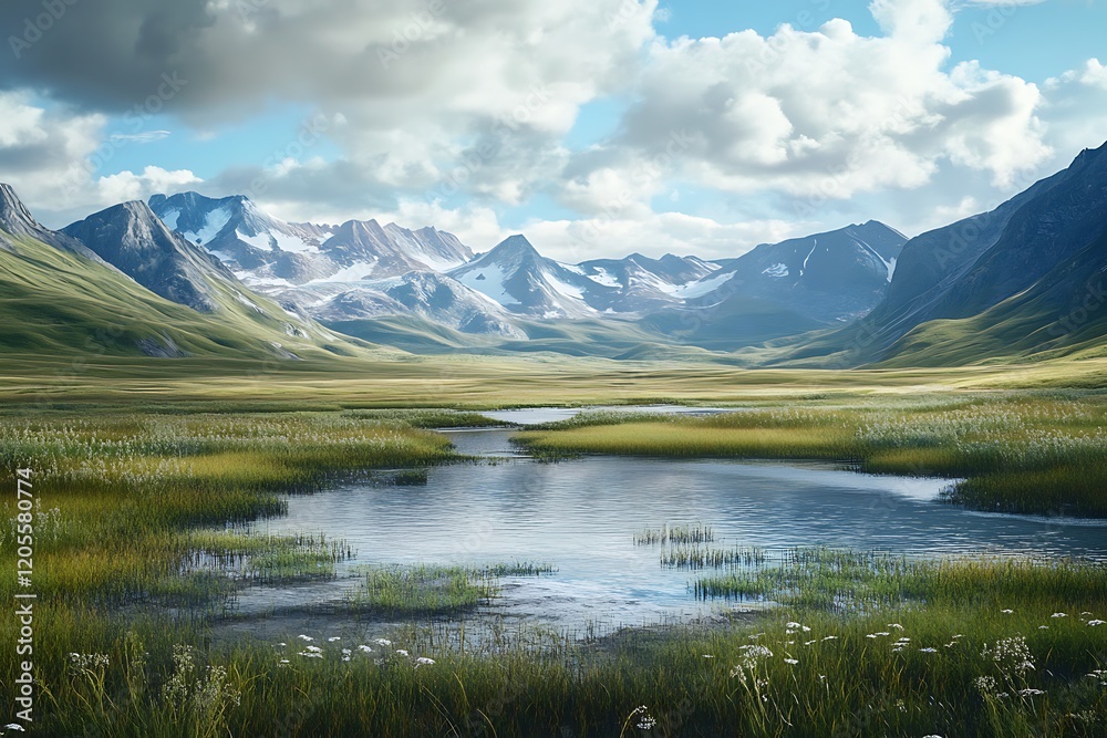 Serene landscape with mountains, grasslands, and a reflective stream. Serene landscape with mountains, grasslands, and a reflective stream.