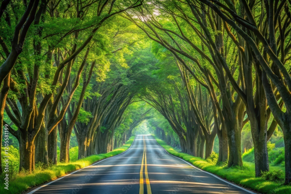 Obraz premium Serene asphalt path bordered by a verdant canopy of trees creating a natural tunnel-like effect under the sun's rays