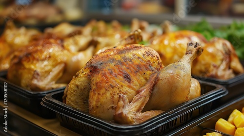 Roasted Chickens Displayed for Sale at Local Supermarket photo