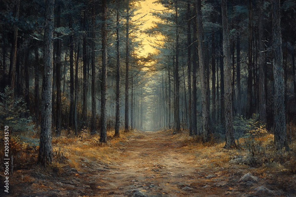 Fototapeta premium Sunlit Path Through A Dense Pine Forest
