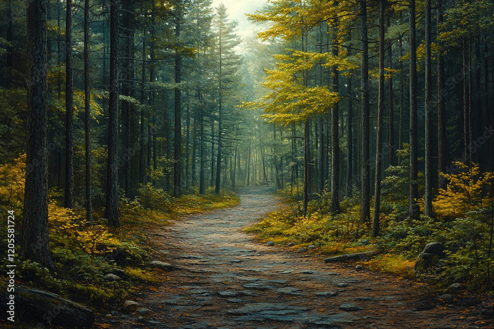 Fototapeta premium Forest Path Winding Through Tall Trees With Autumnal Hues