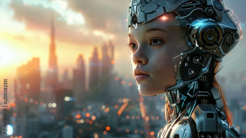 a handsome man with robotic enhancements. A futuristic and beautiful city is in the background. It is day time. a handsome man with robotic enhancements. A futuristic and beautiful city is in the background. It is day time.