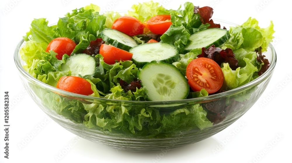 Fresh Green Salad with Cherry Tomatoes and Cucumbers in Glass Bowl Fresh Green Salad with Cherry Tomatoes and Cucumbers in Glass Bowl