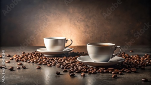 Two Cups of Aromatic Coffee Resting on Saucers Amidst a Generous Scattering of Roasted Coffee Beans on a Dark, Textured Surface