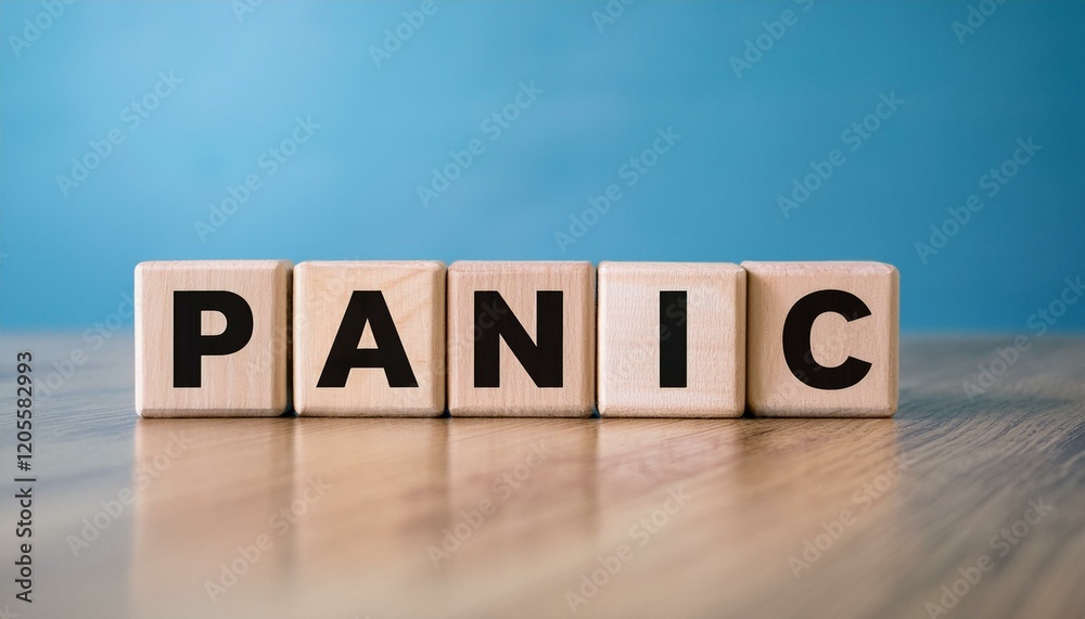 混乱・パニックを意味する英語のフレーズpanicの文字が書かれた木製のキューブブロック。 aiで生成	
