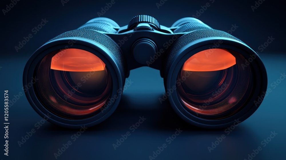 Close-up of black binoculars with orange lens reflections on dark background. Close-up of black binoculars with orange lens reflections on dark background.