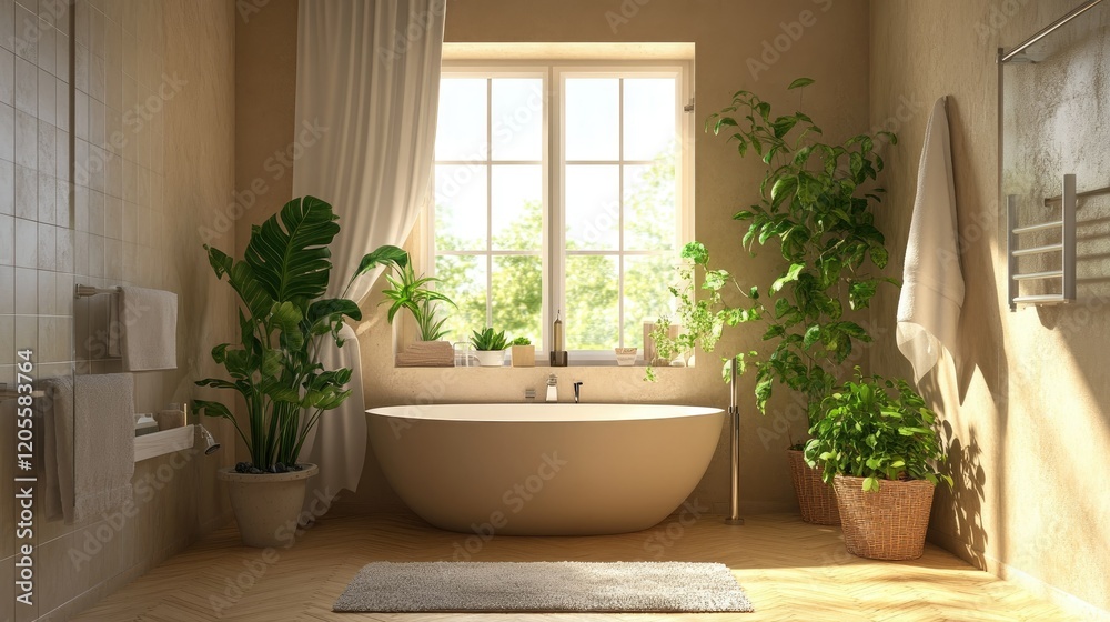 Fototapeta premium A tranquil bathroom design with a modern shower, a bathtub near a bright window, and neutral beige tones. Green plants add a natural touch to the airy space