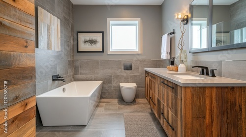 A stylish modern bathroom with gray finishes, a wall-mounted toilet, and a freestanding bathtub. Wooden cabinets and decor complete the contemporary look