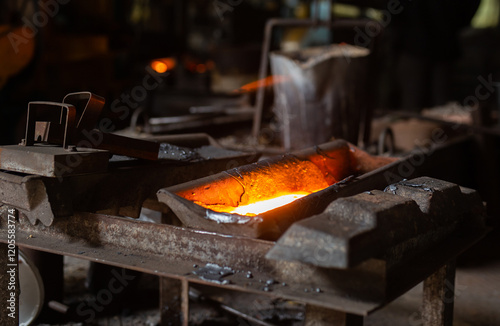 Mold with molten metal in the foundry workshop of metallurgical plant photo