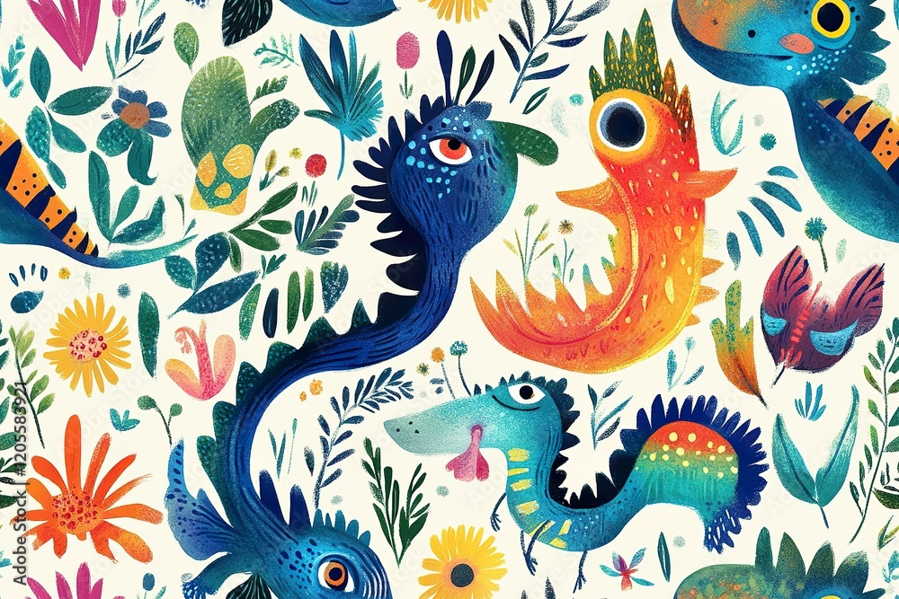 Obraz premium Whimsical Creatures Amidst Vibrant Floral Paradise