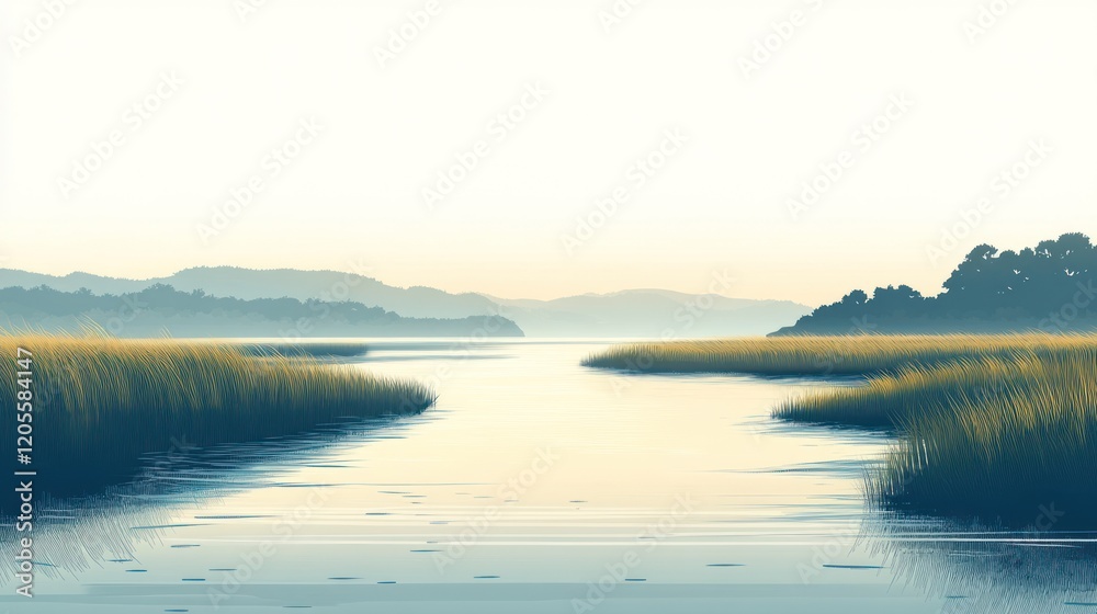 Fototapeta premium Serene sunrise over calm river with reeds.