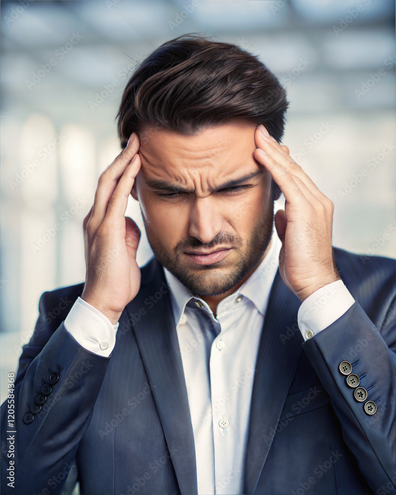 Handsome man having bad headache, holding his head, sitting in living room, people background, felling unwell