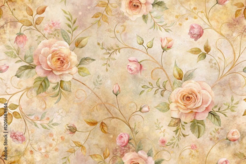 Fototapeta Elegant Vintage Floral Pattern with Delicate Roses and Ornate Swirls on a Textured Background