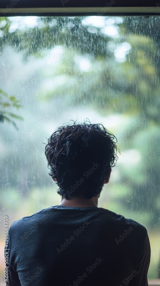 A person gazes thoughtfully out a rainy window, reflecting on life and emotions. A person gazes thoughtfully out a rainy window, reflecting on life and emotions.