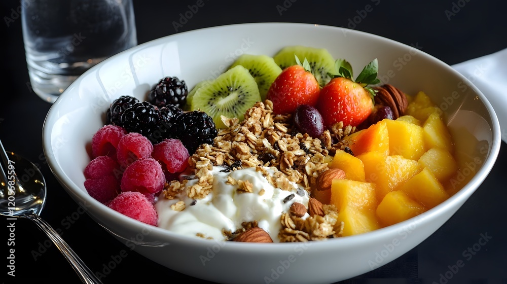 Vibrant Breakfast Bowl Featuring Colorful Fruits Nuts and Granola for Healthy Dining Vibrant Breakfast Bowl Featuring Colorful Fruits Nuts and Granola for Healthy Dining