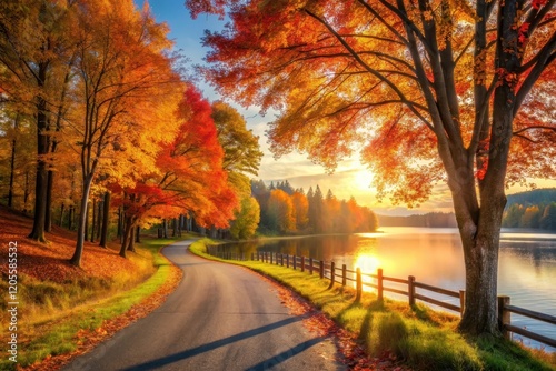 Autumnal Road Winding Beside a Serene Lake at Sunset, with Vibrant Foliage and a Wooden Fence