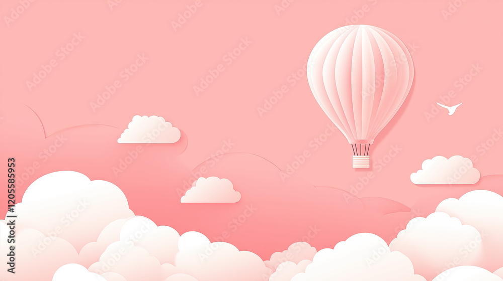 Obraz premium Light pink background with white clouds and a hot air balloon in the sky